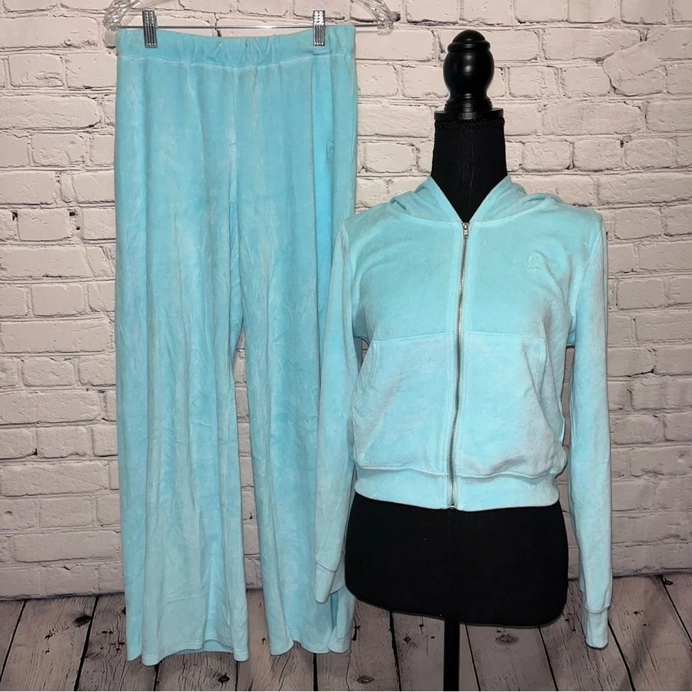 Vintage Y2K Lonely Ghost Blue Velour Bling Rhinestone Tracksuit Matching Set - Picture 3 of 15